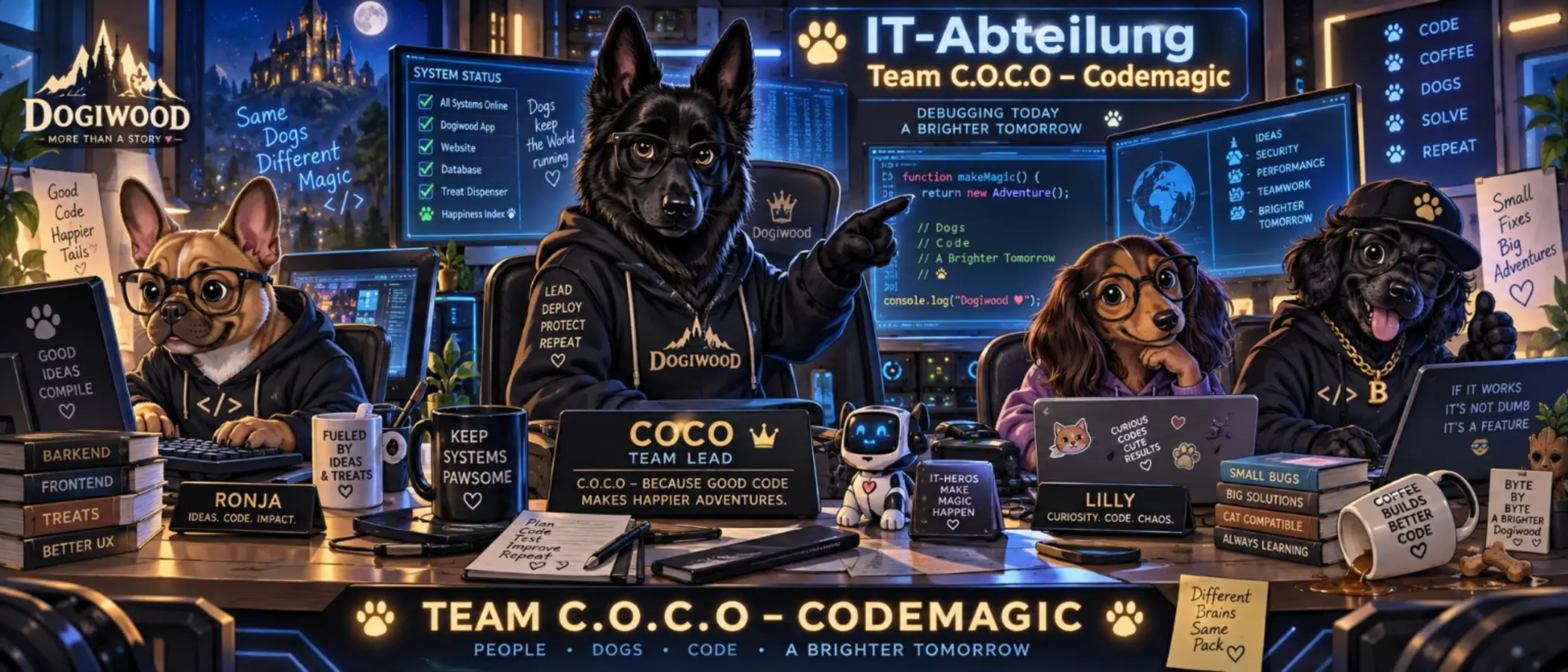 Team C.O.C.O. in der Dogiwood IT-Abteilung